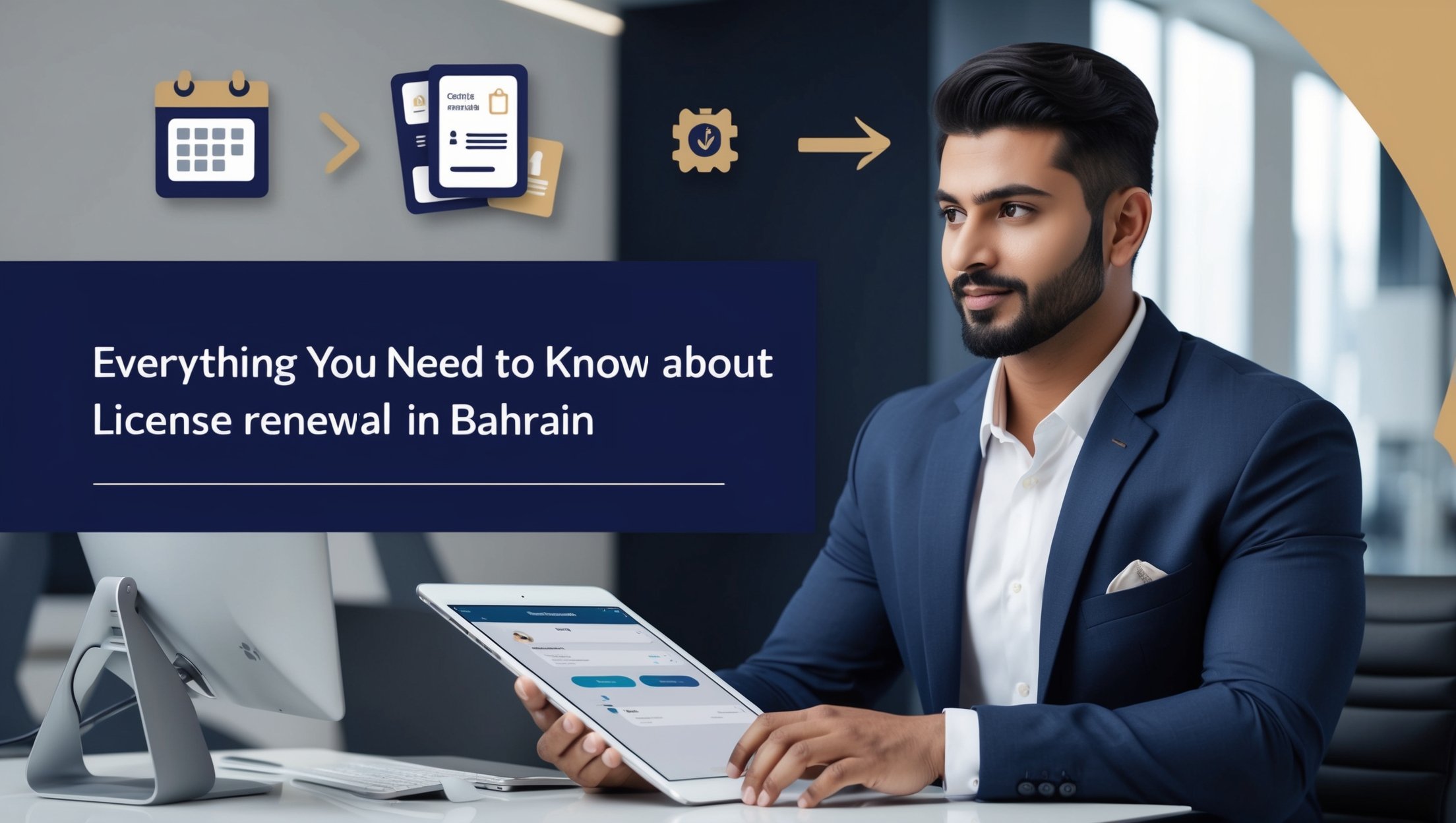 Everything You Need to know About License Renewal in Bahrain a man in a suit holding a tablet